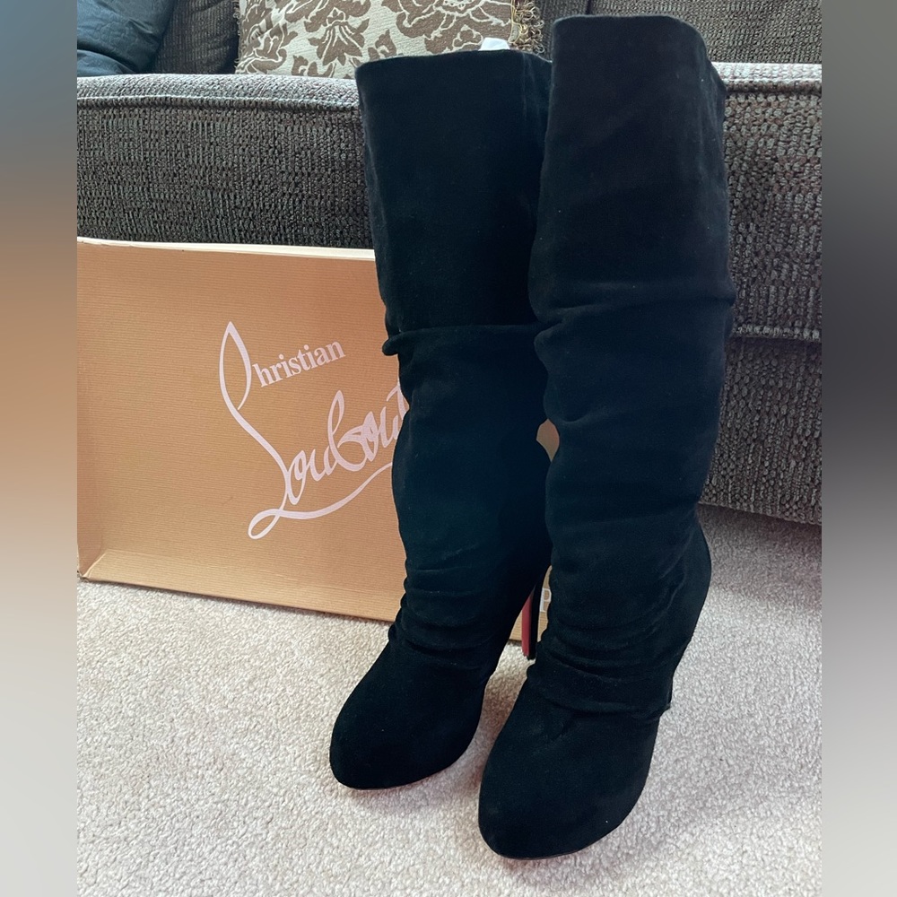 Christian Louboutin Black Suede Knee-High Heeled Boots